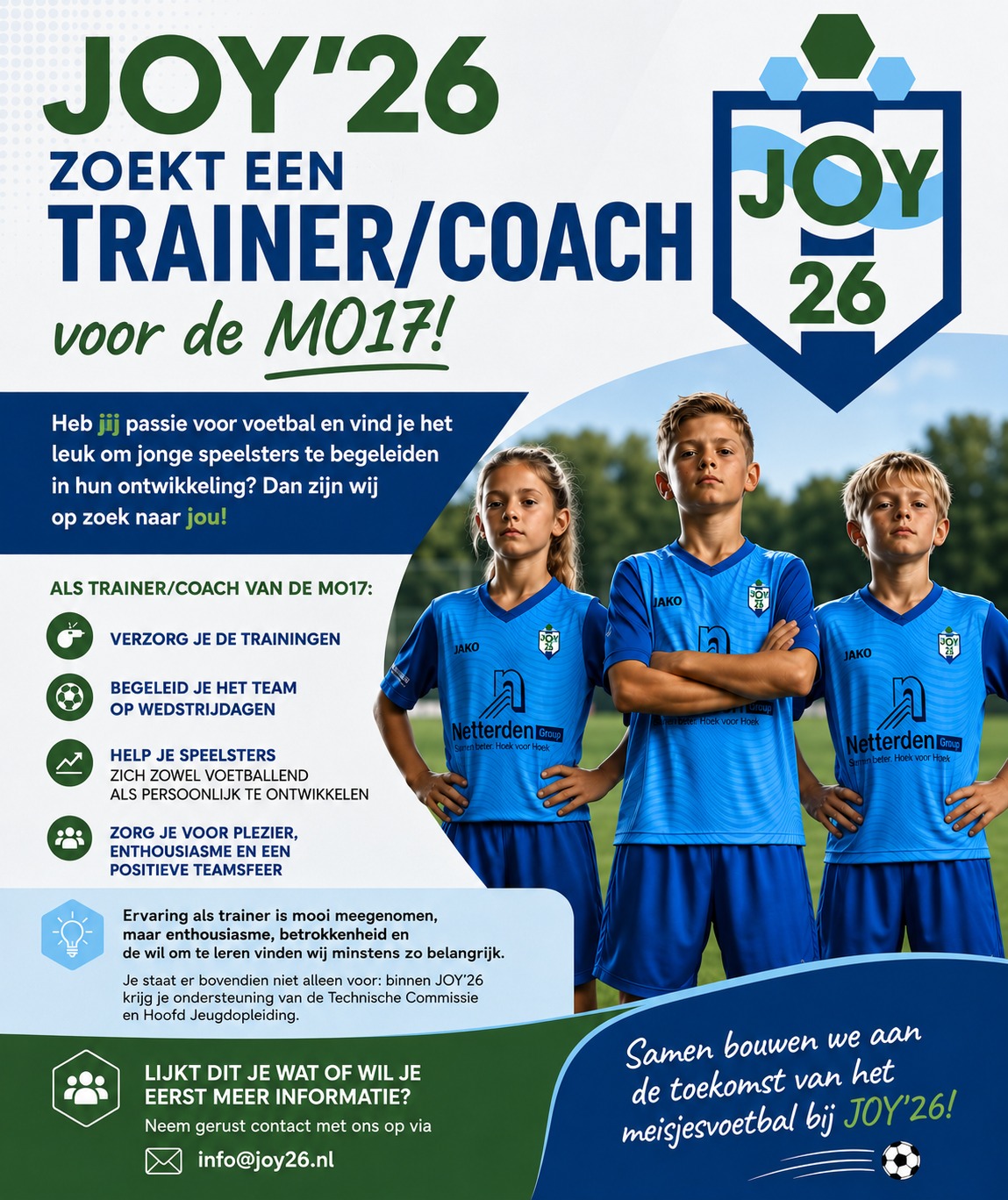 JOY’26 zoekt een trainer/coach voor de MO17!